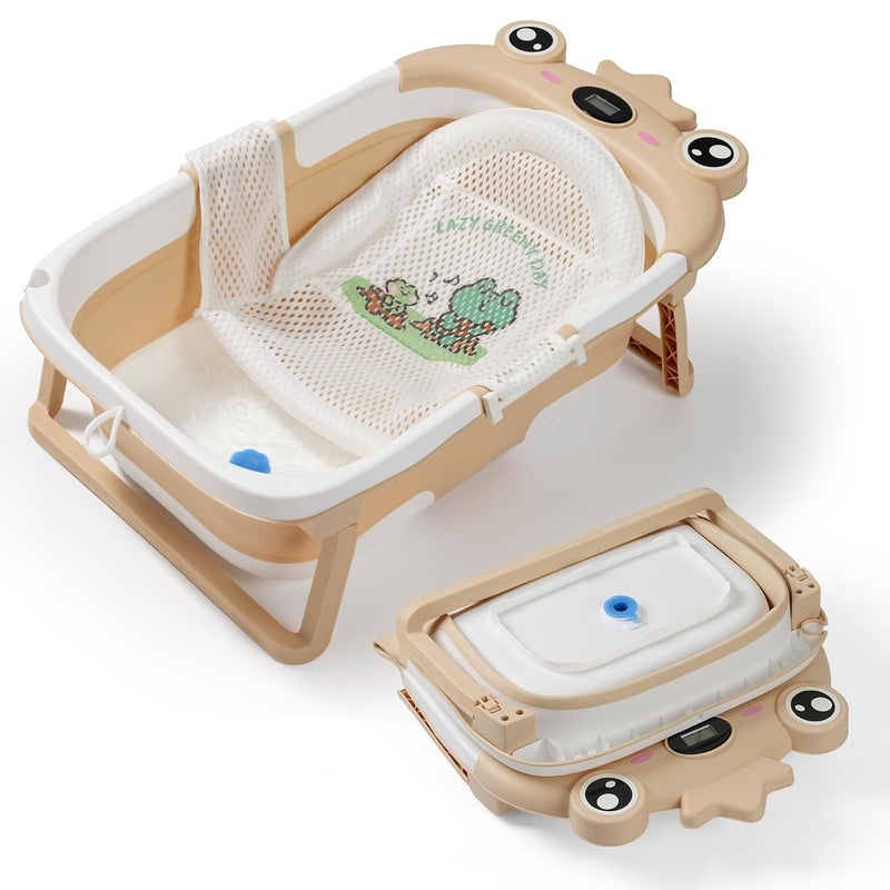 TBHAPY Baby Bathtub,Collapsible Baby Bath Tub with Soft Cushion & Thermometer, Space Saving Foldable & Travel Newborn Bathtub for Infant to Toddler 0-36 Months, Frog Beige - Image 1
